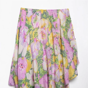 Floral print strapless asymmetric maxi dress with pink and yellow flower patterns
