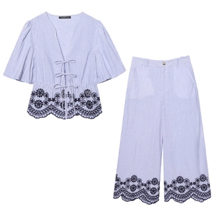 Women Striped Printed Top And Bottom Casual V-Neck Puff Sleeve Shirt Wide Leg Pants Vacation Outfit For Women