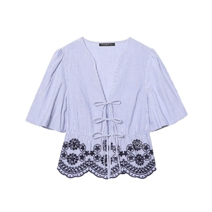 Women's blue striped cotton blouse with puff sleeves and floral lace embroidery