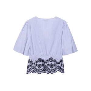 Women's blue striped cotton shirt featuring puff sleeves and floral embroidery hem