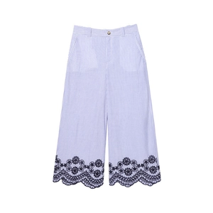 Women's blue and white striped cotton wide-leg pants with floral embroidery detail