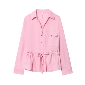 Pink safari-style long sleeve shirt with chest pocket and waist drawstring tie