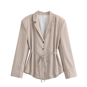 Women's chic beige striped blazer with drawstring waist and classic lapels