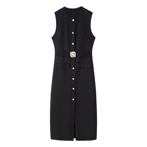 Elegant black sleeveless midi dress with gold buttons and belted waist for women