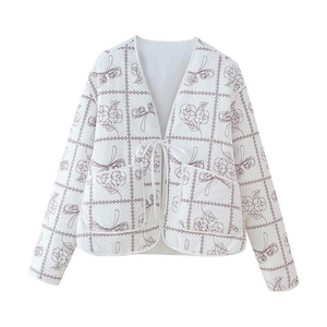 Veste Matelassée Vintage pour Femme Imprimé Fleuri Nœud à Lacets Col en V Vêtement d'Extérieur Rembourré Mode Printemps Casual