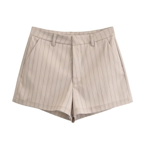 Women's 2025 casual beige striped shorts in cotton-linen blend with a simple A-line cut