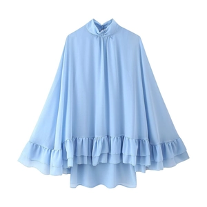Women Mock Neck Sleeveless Chiffon Mini Dress Tiered Ruffle Hem Cape Style Elegant Solid Color Sky Blue Flowy Party Dress