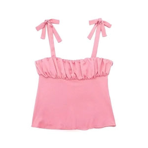 Haut à Bretelles Rose pour Femmes avec Nœuds Buste à Volants Aspect Satin Sans Manches Street Chic Débardeur Décontracté