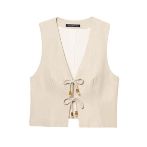 Beaded beige linen sleeveless vest top with V-neck front ties for women's spring fashion