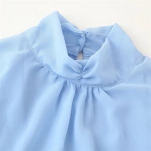 Light blue chiffon dress with ruffled stand collar and elegant button closure on back