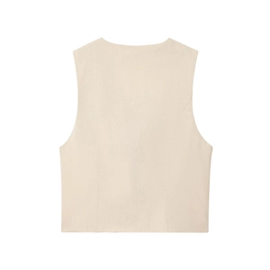Back view of a cream-colored beaded linen sleeveless vest for women with curved seams