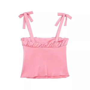 Top caraco en satin rose pour femme avec nœuds aux épaules et corsage élastique froncé
