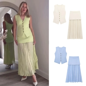 Ensemble Femme Élégant Gilet en Tricot Col en V et Jupe Plissée Taille Haute Haut et Bas Couleur Unie