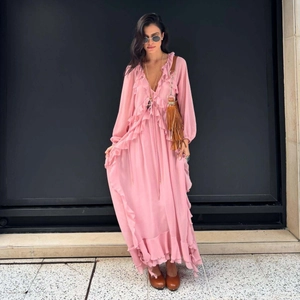 Women's Pink V-Neck Chiffon Ruffle Maxi Dress Bohemian Tiered Long Sleeve Flowy Vacation Party Dress For Women Casual Wear