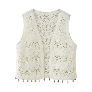 Women's Bohemian Crochet Hollow Out Vest With Natural Shell Fringe Sleeveless Cardigan Summer Beach Knitwear White Top