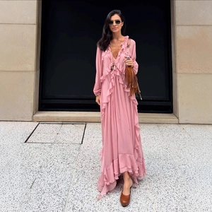 Pale pink ruffled chiffon maxi dress with long sleeves and deep V-neck for women