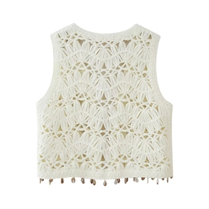 Beige crochet hollow out vest for women with bohemian shell pendant decorations