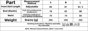 Size chart for women's colorblock mini dress showing length, bust, waist, and weight data