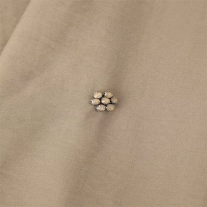 Gros plan d'accessoire fleur argenté avec pierres marron clair sur tissu en lin
