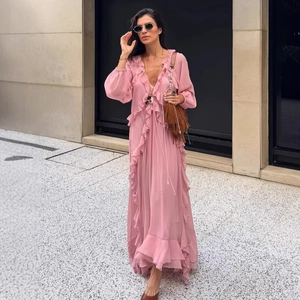 Pink deep V-neck layered ruffle chiffon maxi dress with long bubble sleeves in boho style