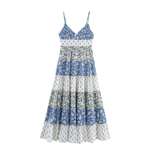 Women Bohemian Floral Tiered Maxi Dress Spaghetti Strap V Neck Backless Bow Summer Beach Vacation Patchwork Cami Dress