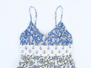 Detail view of the floral patchwork V-neck bodice with delicate spaghetti straps