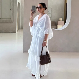 Abito Maxi con Scollo a V e Volant in Stile Francese per Donna Bohemien Tinta Unita Manica Lunga a Balze Festa Vacanza