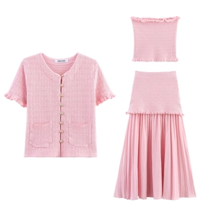 Ensemble Femme en Maille Texturée Cardigan Top Bandeau et Jupe Maxi Plissée Élégant Décontracté pour Vacances d'Été