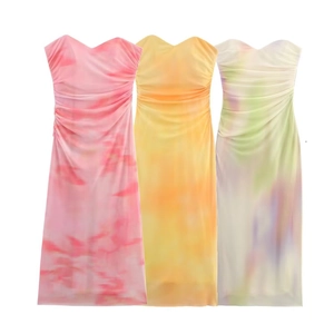 Robe Midi Sans Bretelles pour Femmes Imprimé Dégradé et Plissée Sexy Maille Bodycon Coupe Ajustée pour Fête Vacances Clubwear