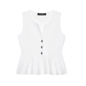 Women's Solid White V Neck Sleeveless Knit Vest Top Irregular Button Peplum Ruffle Hem Elegant Streetwear Summer Top