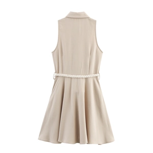 Beige sleeveless linen button-down dress with a woven belt and collar on white background