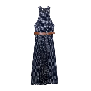 Abito Maxi Donna Halter a Pois Plissettato Con Cintura Elegante Senza Maniche Schiena Scoperta Effetto Raso Abito Lungo per Festa Primavera 2025