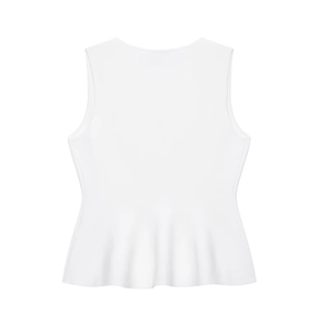 Elegant white peplum knit sleeveless top with round neck and flared ruffled hem design