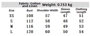 Size chart for crinkled cotton linen set showing chest, shoulder, sleeve and length details