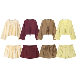 Women Casual Plissé Long Sleeve Tie-Front Top And Elastic Waist Drawstring Shorts Solid Color Japanese Style Relaxed Fit Loungewear