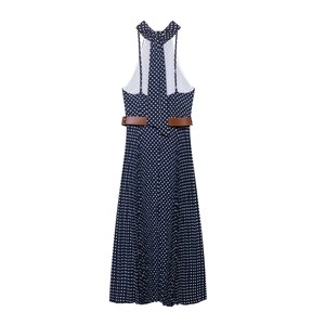Abito blu navy a pois con scollo all'americana, fiocco sul retro e cintura sottile