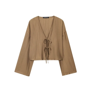 Brown plissé pleated kimono top with front tie closure and long sleeves for women