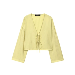 Women's light yellow long sleeve kimono top with crinkled texture and front tie closure