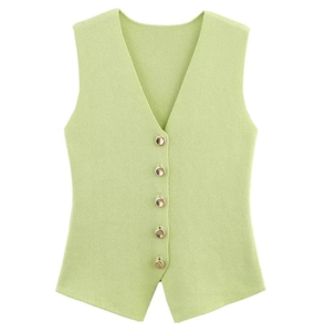 Gilet en maille vert clair ajusté avec col en V et boutons métalliques dorés décoratifs