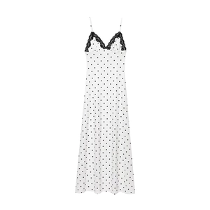 French retro white polka dot maxi dress with black lace trim and V-neck straps