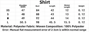 Size chart table for women's short shirt showing XS to L measurements in centimeters
