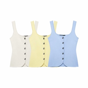 Three-piece set of button-up rib-knit tank tops in cream, yellow and light blue colors