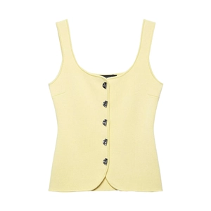 Slim fit light yellow knit camisole with decorative silver metal buttons and curved hem