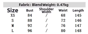 Size guide for halter maxi dress showing fabric specs and measurements for XS to L sizes