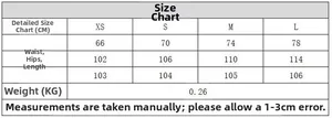 Detailed size chart for women's striped pants showing waist, hips and length in CM