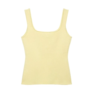 Close-up of light yellow knit camisole featuring square neck and fine ribbed texture