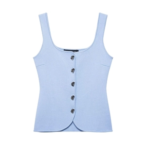 Women's light blue knit tank top with square neck and decorative silver buttons