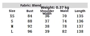 Size chart table for long pleated dress showing measurements from XS to L in cm