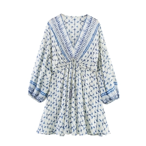 Bohemian V Neck Lantern Sleeve Blue White Star Print Mini Dress For Women Drawstring Tassel Waist Summer Vacation Beach Wear