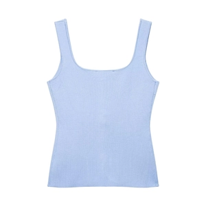 Detail of light blue knit tank top showing high-quality ribbed texture and U-neckline